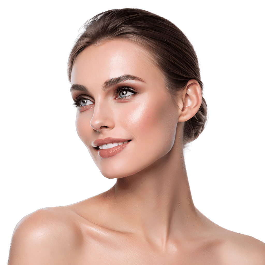 rounded-xs A young woman with smooth, glowing skin and light makeup smiles softly, looking to the side. Her brown hair is styled in a neat bun and she has an even complexion. The background is plain and unobtrusive.
