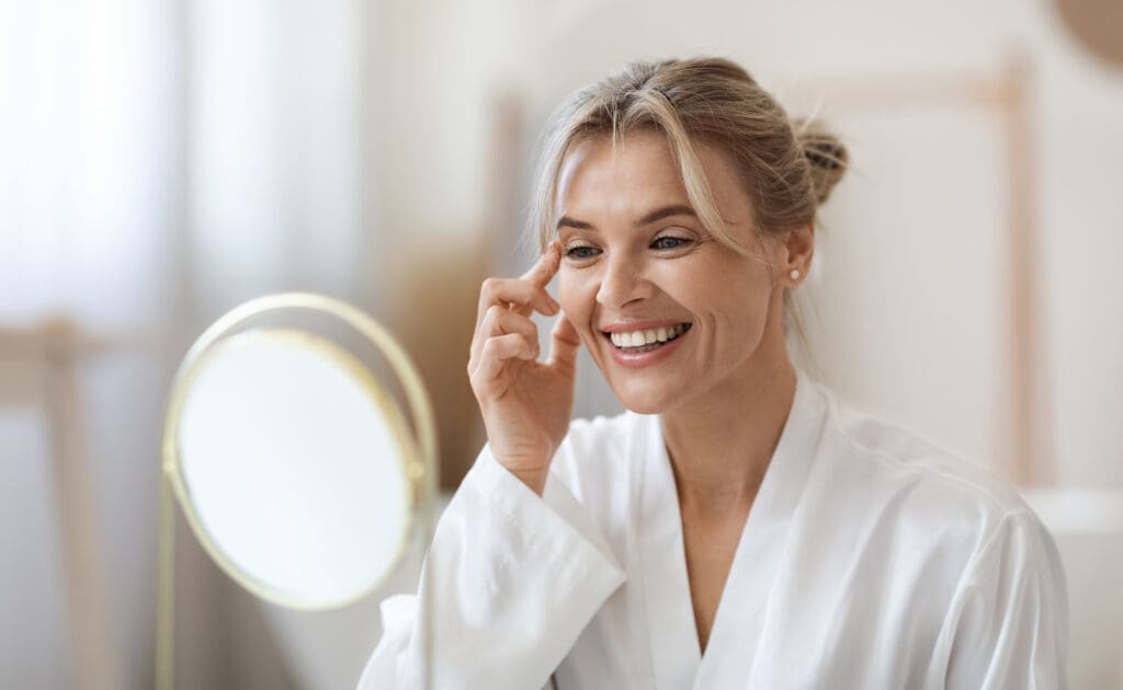 Smiling woman in a white robe touches her face gently while looking in a round mirror, suggesting a skincare or morning beauty routine in a bright, softly lit room.