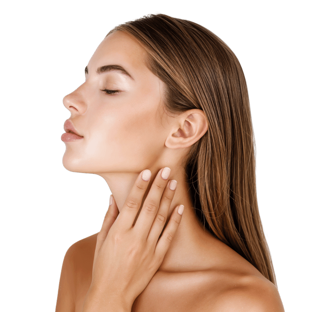 rounded-xs A woman with smooth, clear skin and long, straight hair poses in profile with her eyes closed, gently touching her neck with her hand against a plain black background.