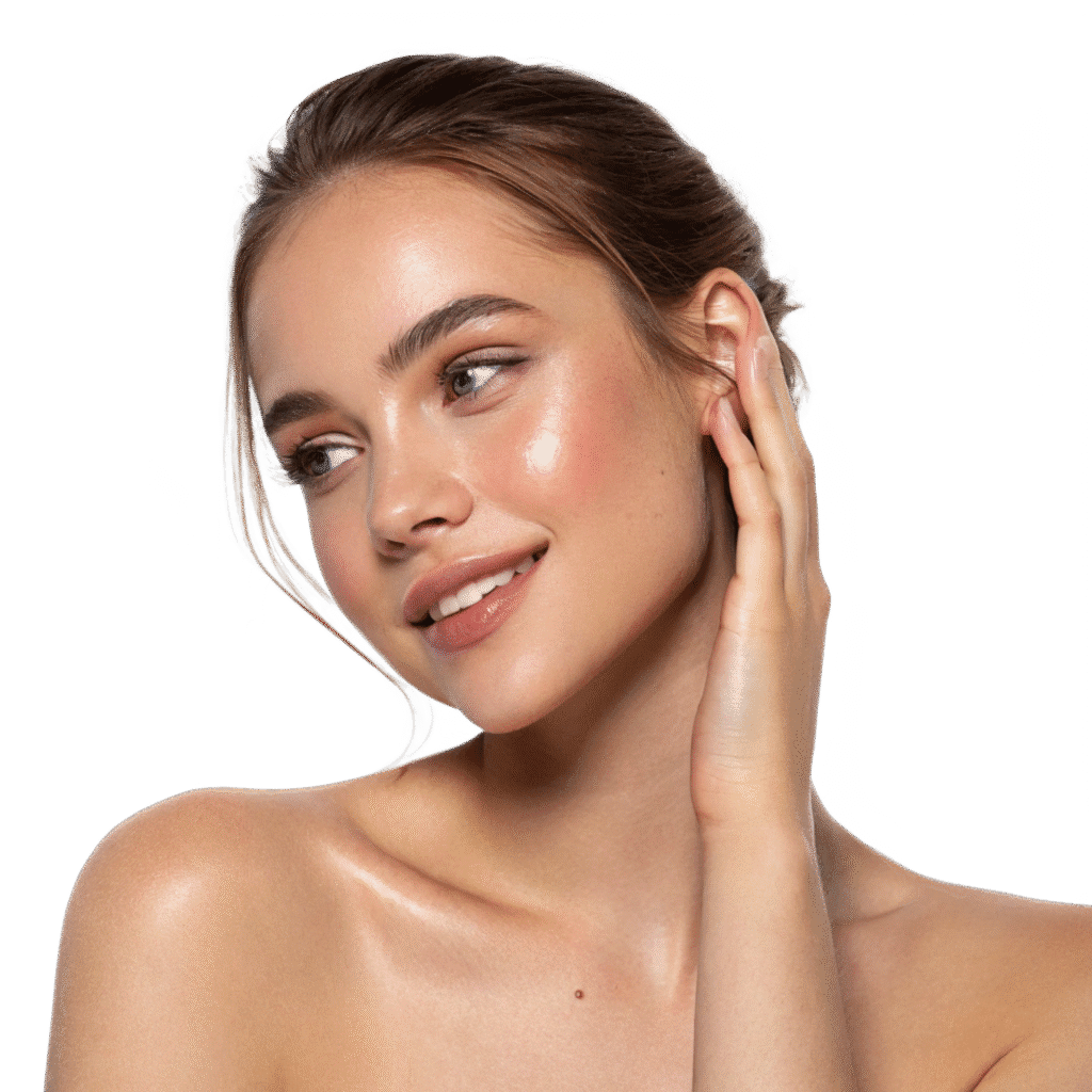 rounded-xs A young woman with glowing skin and natural makeup smiles softly, looking to the side, with her hand gently touching her ear. She has light brown hair pulled back and bare shoulders.