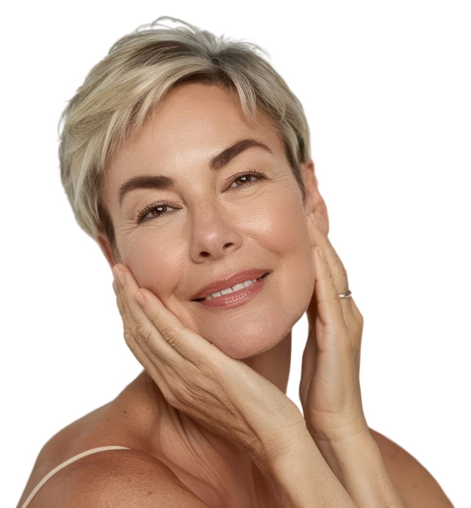 rounded-xs A smiling woman with short, light blonde hair touches her face gently with both hands. She has light skin, natural makeup, and is posing against a plain white background.