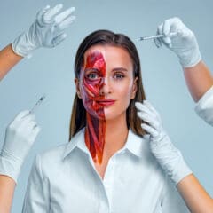 A woman in a white shirt faces the camera as three gloved hands hold syringes near her face. Half of her face is painted to show underlying muscles, highlighting anatomy and cosmetic procedures.