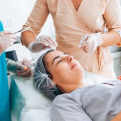 A woman lies on a medical chair with a hair cover, while two healthcare professionals in gloves prepare to give her an injection in her face, suggesting a cosmetic or dermatological procedure.