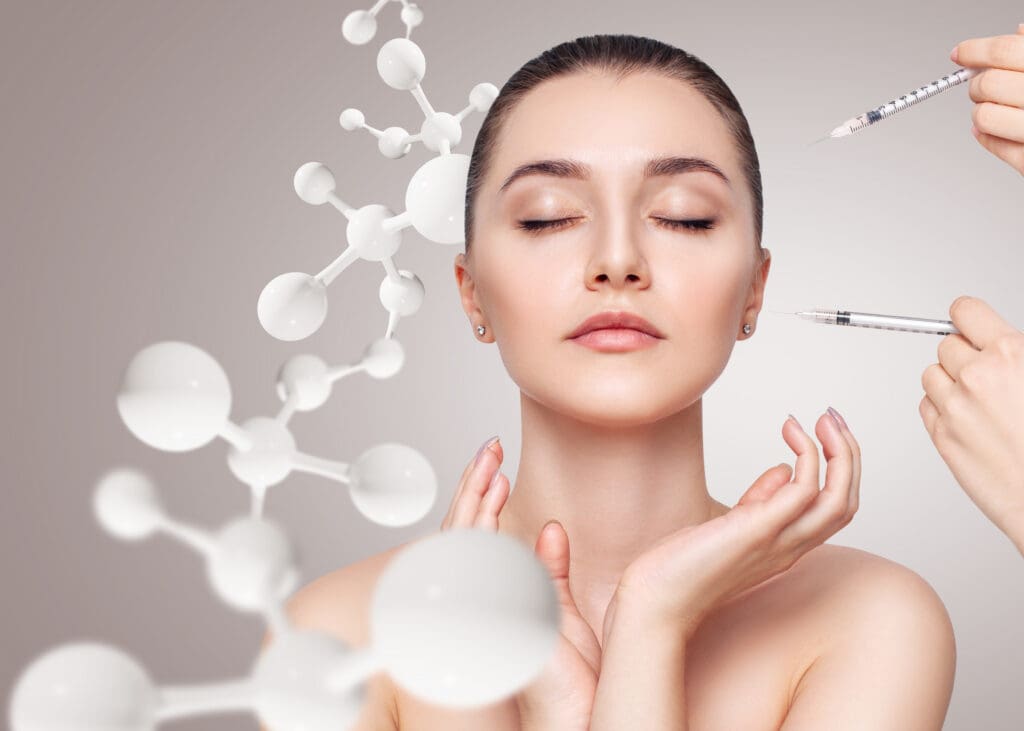 A woman with her eyes closed and syringes in her ear.