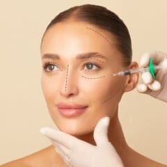 A woman with marked lines on her face receives a cosmetic injection near her cheek. A gloved hand gently holds her chin while another administers the syringe. The background is a soft beige color.